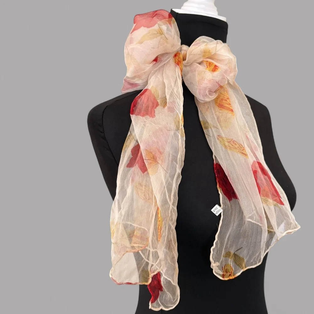 1950s Silk Scarf Cream Floral Rose Sheer